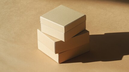 Poster - Stacked cardboard boxes on a warm background showcasing minimalist design and subtle shadows ideal for packaging or storage concepts