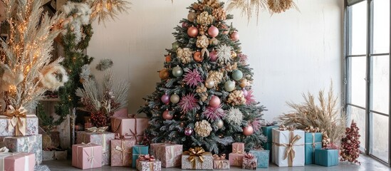 Fototapete - Elegant Christmas tree with vibrant ornaments amidst tastefully wrapped gifts creating a warm holiday atmosphere in a cozy setting