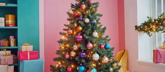 Fototapete - Colorfully decorated Christmas tree surrounded by gifts in a vibrant interior creating a cheerful holiday ambiance