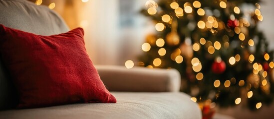 Fototapete - Cozy living room with a beautifully decorated Christmas tree and red pillow creating a warm festive atmosphere for winter celebrations