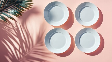 Fototapete - Minimalist flat lay of white plates on pastel background with palm shadow creating a serene dining atmosphere Top view culinary concept