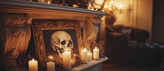 Poster - Cozy interior fireplace decorated with candles and a skull framed elegantly creating a warm and inviting atmosphere
