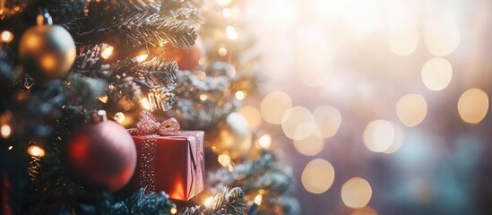 Fototapete - Christmas tree beautifully decorated with shimmering lights and vibrant gifts creating a magical holiday atmosphere