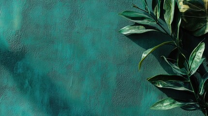 Poster - Green textured background with leaves providing space for creative text or design elements in a flat lay composition.