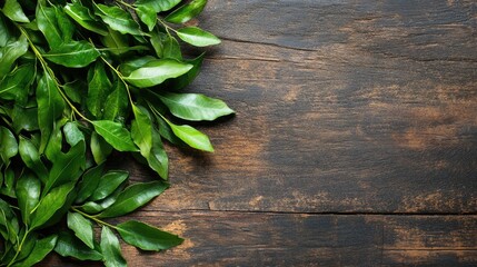 Poster - Fresh curry leaves arranged artistically on a rustic wooden surface with ample copy space for creative culinary designs.
