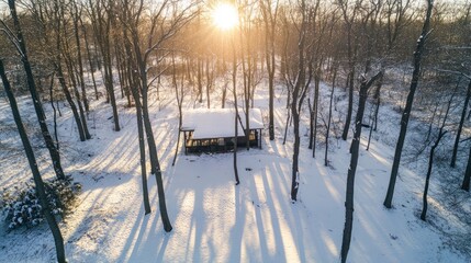 Poster - Winter forest aerial view with sunlight casting shadows over snow-covered trees and a cabin in a serene woodland landscape