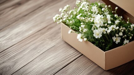 Poster - Delicate white flowers in a rustic box displayed on a wooden table creating a serene and natural ambiance for floral arrangements