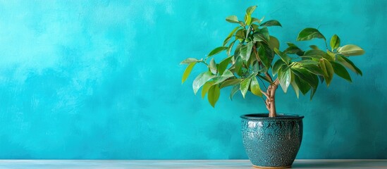 Wall Mural - Evergreen plant in decorative pot against a vibrant turquoise wall enhancing modern interior decor with a fresh and lively touch