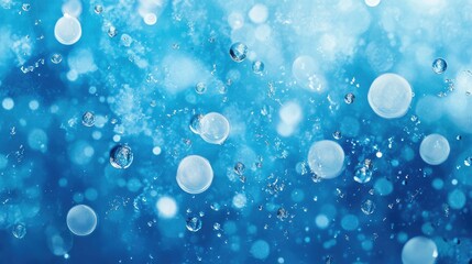 Poster - Blue background with water droplets on glass creating a refreshing rainy ambiance with bokeh effect and varying shapes and sizes of droplets.