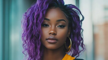 Stylish portrait of a confident fashion model showcasing vibrant purple hair in an urban setting with a modern aesthetic