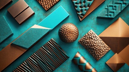 Poster - Geometric shapes arranged on a teal and brown matte background with soft lighting creating a modern artistic composition.