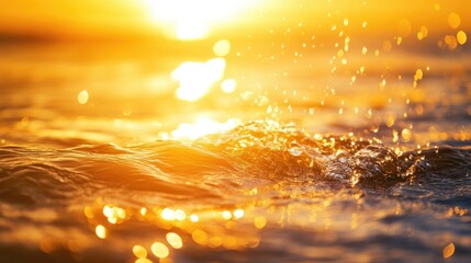 Poster - Sunset reflections on water surface creating golden hues and sparkling droplets in a serene natural setting