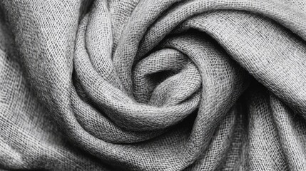 Poster - Soft gray linen scarf texture curled close-up for cozy background and textile design use