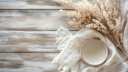 Poster - Cozy modern interior decor featuring soft neutral tones and natural elements with wooden background and copy space for versatile use
