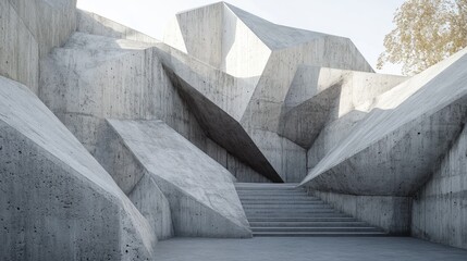 Poster - geometric concrete structure in minimal urban landscape with abstract formations and stairs leading 