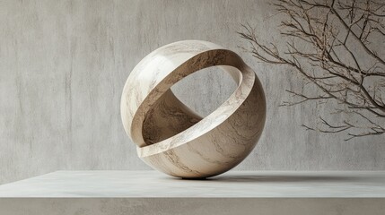 Poster - Geometric stone sphere sculpture in soft tones against a minimalist neutral background with accentuated organic elements.