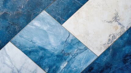 Poster - Blue marble geometric background with textured tiles in varying shades of blue and white for modern design and decoration concepts.