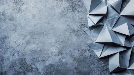 Poster - Gray origami shapes in various sizes arranged on a textured gray wall creating a minimalist artistic background design.