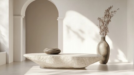 Poster - Minimalist interior design showcasing stone coffee table and elegant vase on white wall background with soft natural light effects
