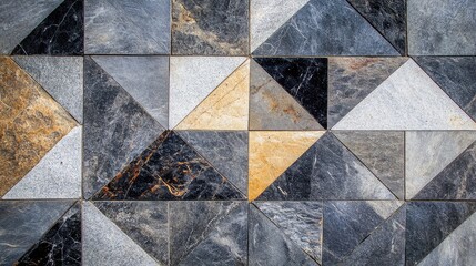 Poster - Geometric Pattern of Stone Tiled Flooring with Angular Designs and Varied Textures in Black and Gray Tones