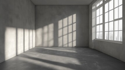 Poster - empty minimalist gray room with large windows casting shadows on simple flooring