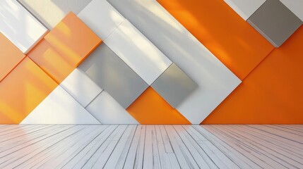 Poster - geometric wall design with white and grey panels against vibrant orange background on a wooden floor