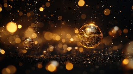 Poster - Golden oil bubbles macro shot on water surface with shimmering bokeh effects creating a luxurious abstract background design