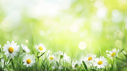 Poster - Chamomile flowers blooming in vibrant green grass with a soft blurred background creating a serene and tranquil natural setting