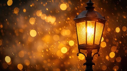 Poster - Golden light bokeh background with lantern creating a warm glow during a rainy night perfect for celebrations and artistic design concepts