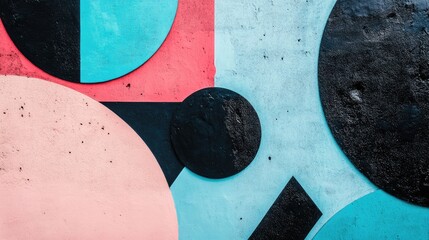 Poster - Geometric Abstract Art with Blue Pink and Black Shapes on Textured Background