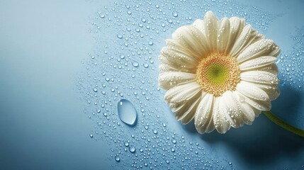 Poster - Delicate Gerbera flower adorned with water droplets on a soothing blue background creating a serene and fresh atmosphere.