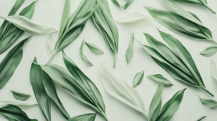 Poster - Green leaves in various shapes and sizes arranged on a light background creating a fresh and natural aesthetic top view image