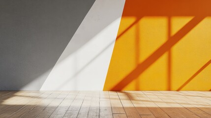 Poster - geometric wall design featuring white and grey colors contrasted with an orange wooden floor and sof