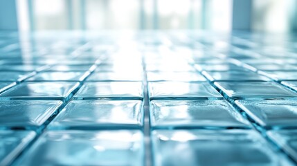 Poster - Geometric Glass Brick Arrangement on Reflective Tile Surface with Soft Lighting and Contemporary Design Elements