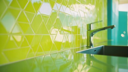 Wall Mural - Modern Kitchen with Geometric Light Green Mosaic Tiles and Sleek Stainless Steel Fixtures