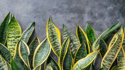 Poster - Snake plant leaves arranged in a flat lay style against a textured gray background for a natural and calming aesthetic.