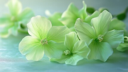 Poster - Delicate green flowers with soft petals creating a serene and refreshing botanical arrangement on a blurred background