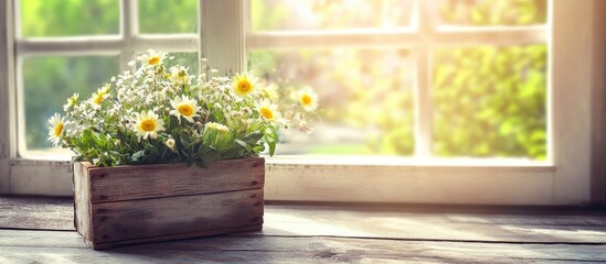 Poster - Rustic wooden box filled with fresh spring flowers on a weathered table by a sunlit window enhancing cozy home decor atmosphere