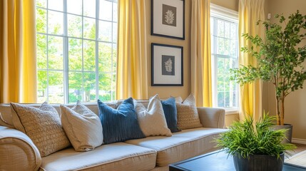 Poster - Modern Living Room with Yellow Curtains and Cushioned Sofa Decor Ideas
