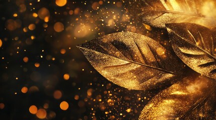 Poster - Golden glittering leaf decoration with shimmering bokeh background for festive and elegant designs