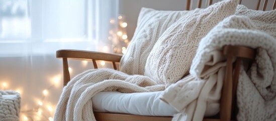 Aufkleber - Cozy vintage wooden chair with beige and white pillows blankets and string lights creating a warm inviting interior atmosphere