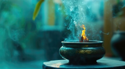 Poster - Burning incense sticks in a traditional pot creating soothing smoke in a serene and calming environment