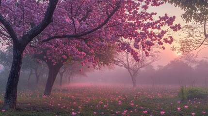 Poster - Morning sunlight filters through foggy landscape highlighting blooming silk cotton trees in serene natural setting.