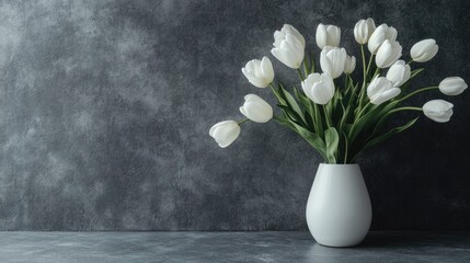 Poster - Elegant arrangement of fresh white tulips in a minimalist vase against a dark grey backdrop with natural light highlighting spring beauty