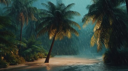 Poster - Tropical rainforest landscape with palm trees and rain showcasing exotic summer vacation vibes in a serene luxury travel destination