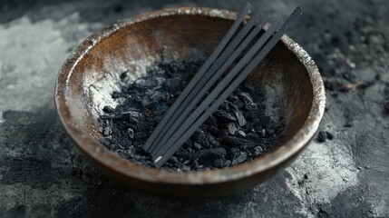 Poster - Incense sticks resting in a bowl of ash creating a tranquil atmosphere for relaxation and meditation.