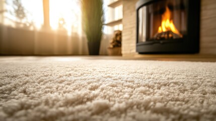 Aufkleber - Cozy living space with luxurious carpet flooring and warm fireplace ambience creating a tranquil home environment