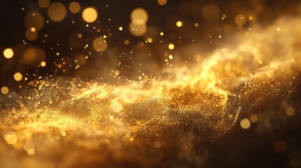Poster - Golden shimmering particles creating a magical abstract backdrop for celebrations or events featuring fireworks and smoke elements.