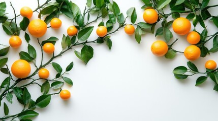 Poster - Vibrant Yellow Citrus Fruits Surrounded by Fresh Green Leaves on a White Background with Ample Copy Space for Text and Design Use