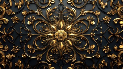 Poster - intricate golden floral patterns on a dark background creating an elegant and luxurious texture design for wallpapers or decorative elements